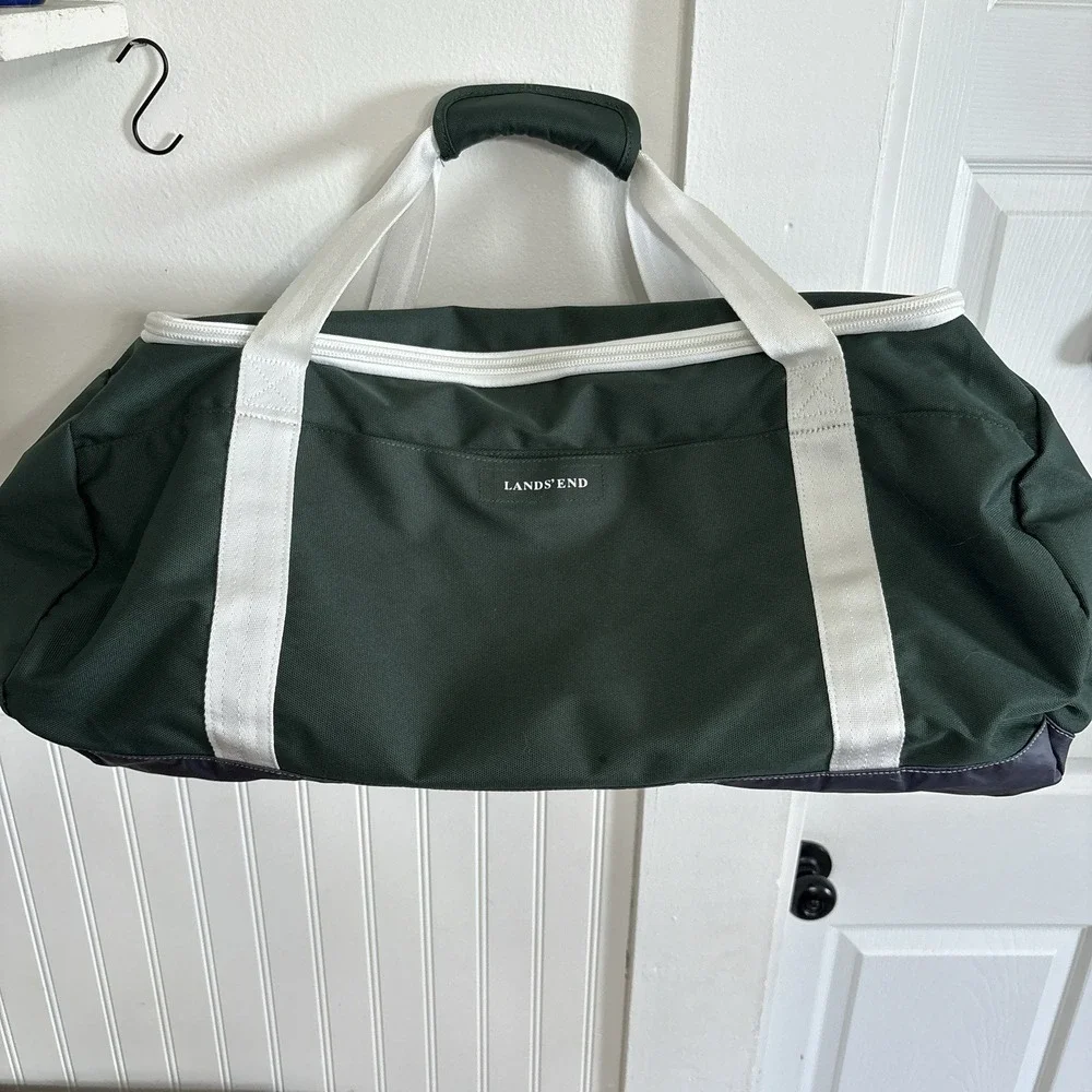 Vintage Lands' End Green White Duffel Bag Weekender Gym Travel Shoulder Strap